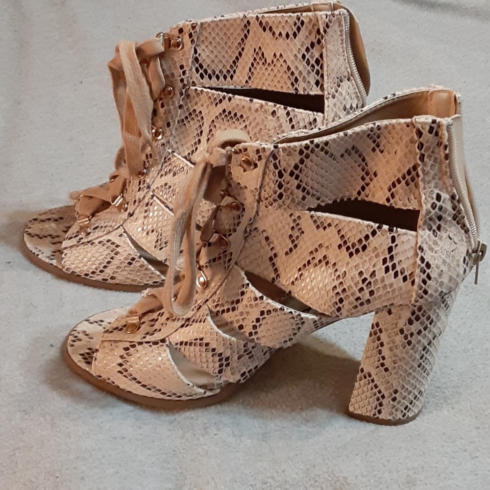 JustFab lace-up snake print heels